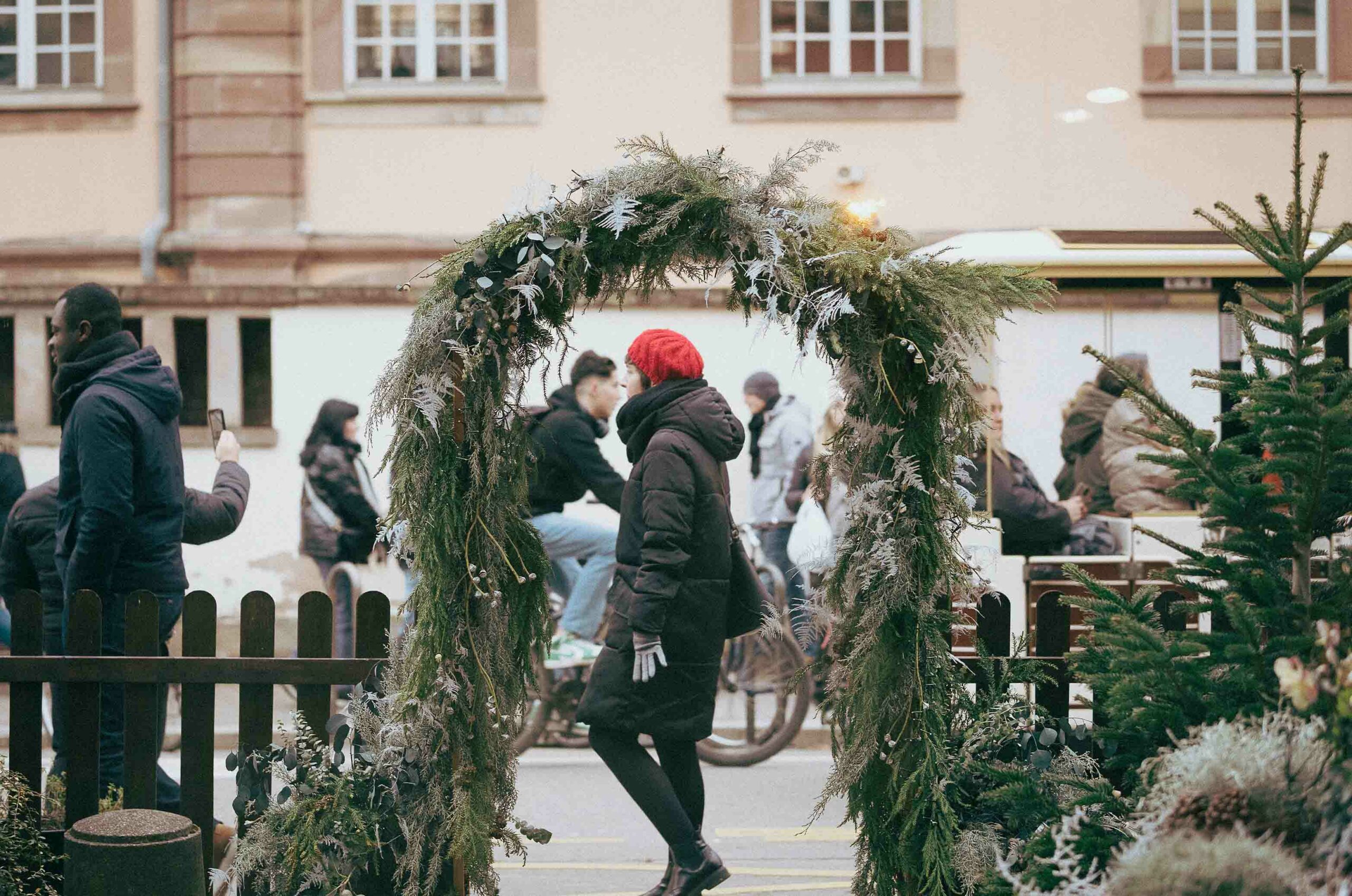 Portrait of a woman walking in the street and take right in the middle of an leaf arch
Take in Strasbourg, France